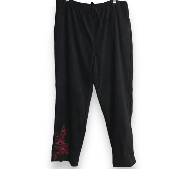 Erika Straight Leg Faux Suede Pants Women's L Black Floral Embroidery Casual VTG - Picture 3 of 12
